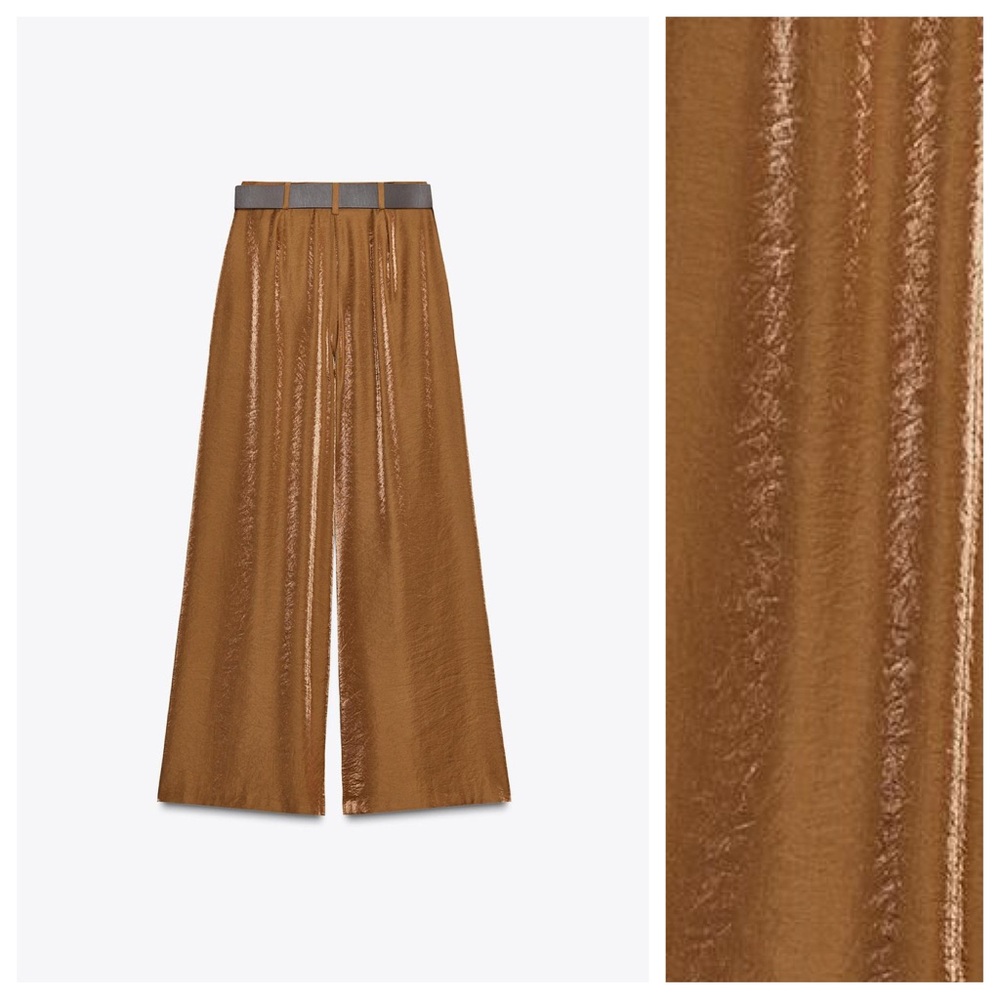 NWT. Zara Caramel Satin Effect High-waisted Trousers. Size M. - Picture 5 of 8